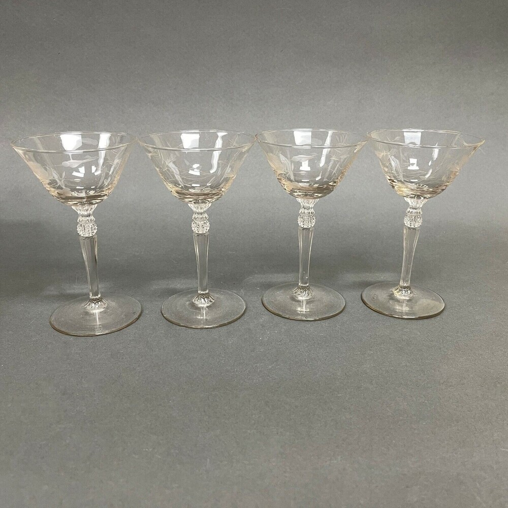Wine Glasses Clear Glass Etched Roses Flowers Stemmed 5 3/8" High Lot of 4